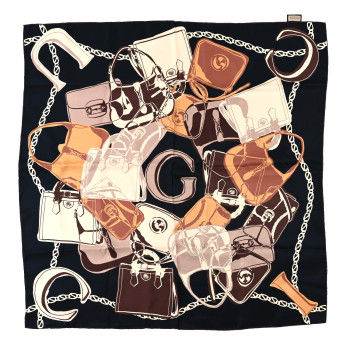 GUCCI Silk Twill Bag Print Square Scarf Navy Light Brown
