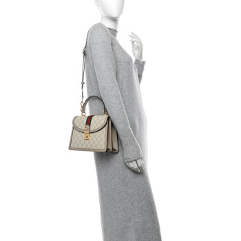 GUCCI GG Supreme Monogram Textured Dollar Calfskin Web Small Ophidia Padlock Top Handle Bag Beige Mystic White Oatmeal