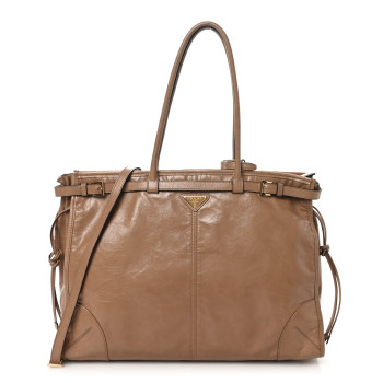 PRADA Glossy Calfskin Triangle Extra Large Bonnie Shoulder Bag Cameo