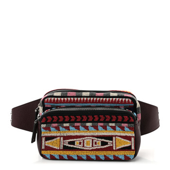 VALENTINO GARAVANI Pebbled Calfskin Beaded Rockstud Belt Bag Burgundy Multicolor