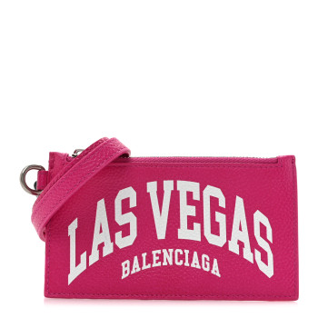 BALENCIAGA Grained Calfskin Las Vegas Logo Cash Coin Card Holder On Keychain Fuchsia