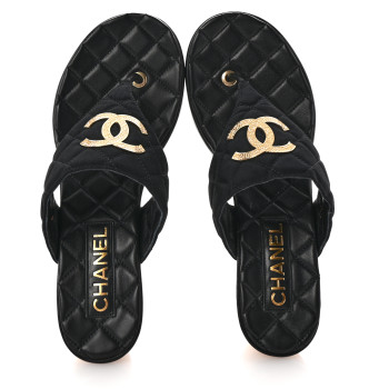 CHANEL Shiny Goatskin Cork CC Wedge Sandals 38.5 Black