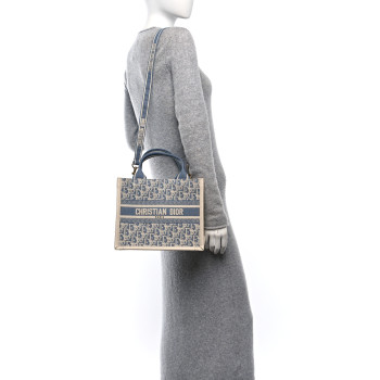 CHRISTIAN DIOR Oblique Chambray Calfskin Small Book Tote With Strap Blue Latte