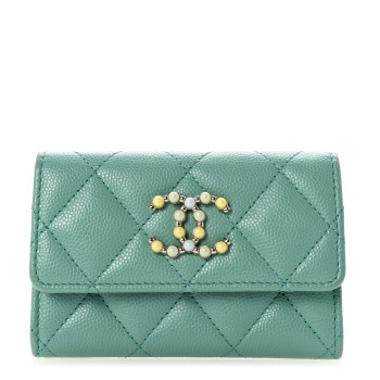 CHANEL Caviar Pearl Quilted Coco Candy Flap Card Holder Turquoise