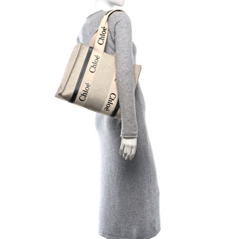 CHLOE Cotton Calfskin Medium Woody Ribbon Tote White Blue