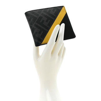 FENDI Glazed Fabric Vitello King FF 1974 Diagonal Bi-Fold Wallet Grey Black Sunflower