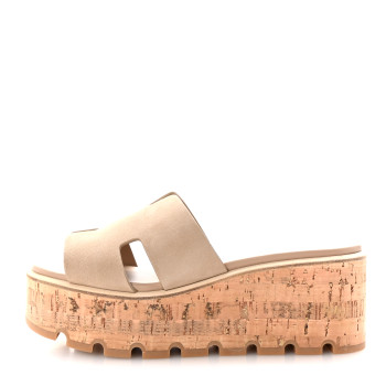 HERMES Suede Goatskin Cork Eze 30 Sandals 38 Beige Argile