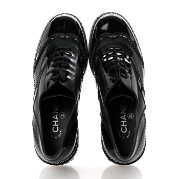 CHANEL Lambskin Patent Calfskin CC Brogue Lace Up Oxfords 38 Black