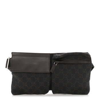GUCCI GG Denim Monogram Double Pocket Belt Bag Brown