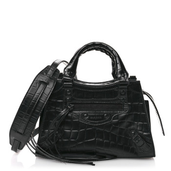 BALENCIAGA Semi Shiny Calfskin Crocodile Embossed Neo Classic Black Hardware Mini City Black