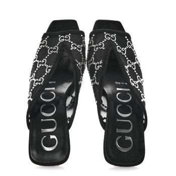 GUCCI Tela Retino Kid Scamosciato Crystal GG Monogram Square G 95mm Slide Sandals 35 Black
