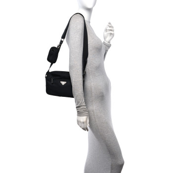 PRADA Re-Nylon Vela Saffiano Pocket Double Zip Shoulder Bag Black