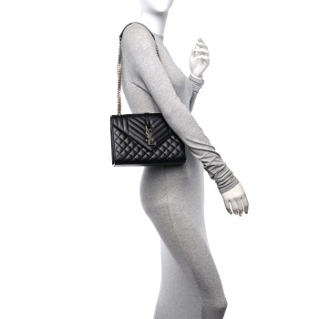 SAINT LAURENT Grain De Poudre Textured Mixed Matelasse Triquilt Medium Monogram Satchel Black