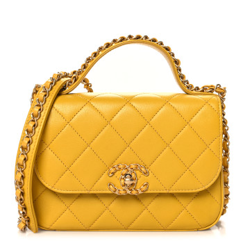 CHANEL Lambskin Quilted Small Chain Infinity Top Handle Flap Yellow