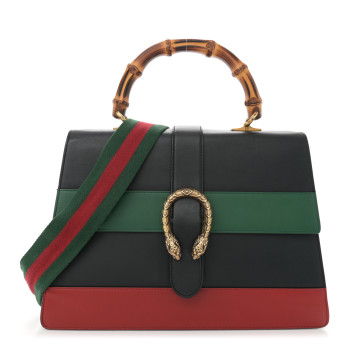 GUCCI Calfskin Bamboo Web Large Dionysus Top Handle Bag Black Bright Evergreen Hibiscus Red