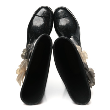 CHANEL Rubber Glitter Camellia Rain Boots 38 Black