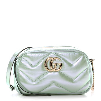 GUCCI Iridescent Nappa Chevron Matelasse Small GG Marmont Chain Shoulder Bag Iridescent Salvy Green
