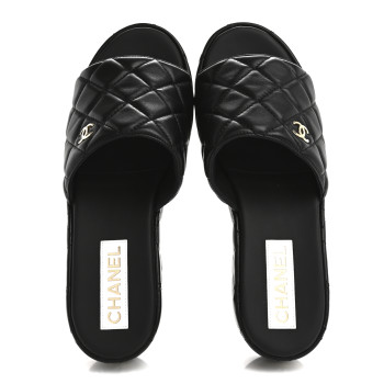 CHANEL Lambskin Quilted CC Mules Wedge Sandals 40 Black