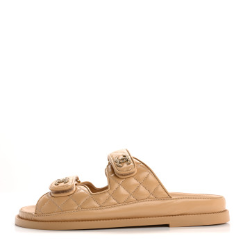 CHANEL Lambskin Quilted Velcro Dad Chain CC Slide Sandals 39 Beige
