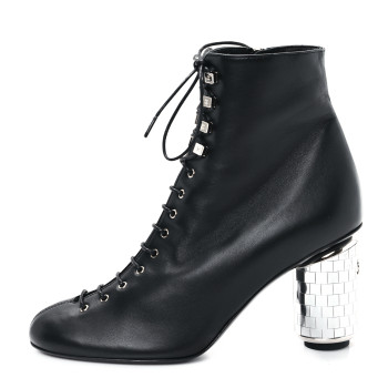 CHANEL Lambskin Metallic Heel Lace Up Boots 38 Black