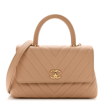 CHANEL Caviar Chevron Quilted Mini Coco Handle Flap Beige