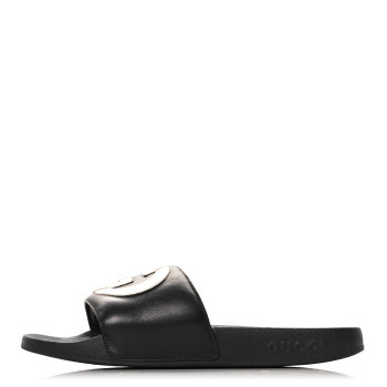 GUCCI Nappa Miro Soft Calfskin Womens Interlocking G Slide Sandals 37 Black White