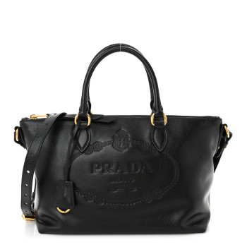 PRADA Glace Calfskin Embossed Logo Tote Black