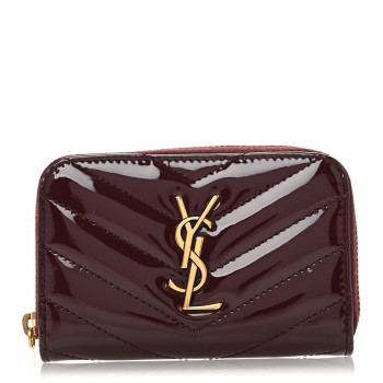 SAINT LAURENT Patent Matelasse Chevron Monogram Cassandre Compact Zip Around Card Wallet Dark Red Wine
