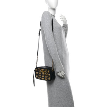 GUCCI Calfskin Matelasse Animal Studs Small GG Marmont Chain Shoulder Bag Black