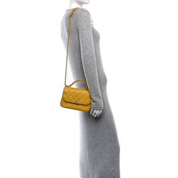 CHANEL Lambskin Quilted Small Chain Infinity Top Handle Flap Yellow