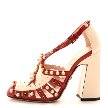 GUCCI Calfskin Pearl Studded Tracey Pumps 36 Red White