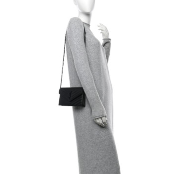 SAINT LAURENT Grain De Poudre Matelasse Chevron Monogram Monochrome Envelope Chain Wallet Black