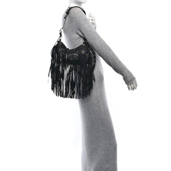 BALENCIAGA Agneau Arena Le Cagole Fringe Shoulder Bag XS Black