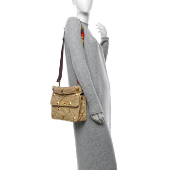 VALENTINO GARAVANI Raffia Large Roman Stud Shoulder Bag Naturale Multicolor