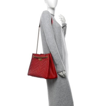 GUCCI Calfskin Matelasse Medium GG Marmont Shoulder Tote Bag Hibiscus Red