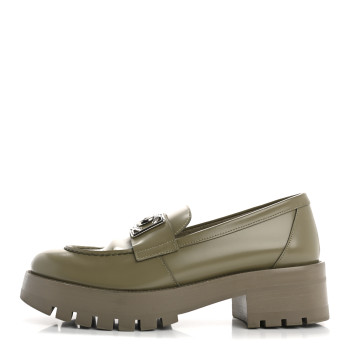 CHANEL Calfskin Metal CC Loafers 38.5 Khaki