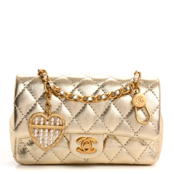 CHANEL Metallic Calfskin Quilted Mini Flap Bag Charm With Hook Gold