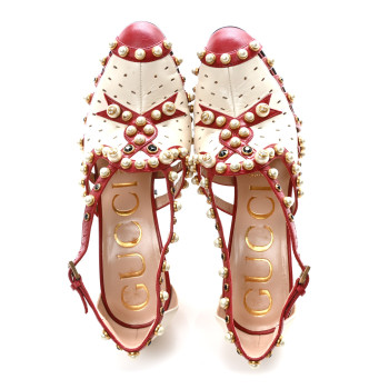 GUCCI Calfskin Pearl Studded Tracey Pumps 36 Red White