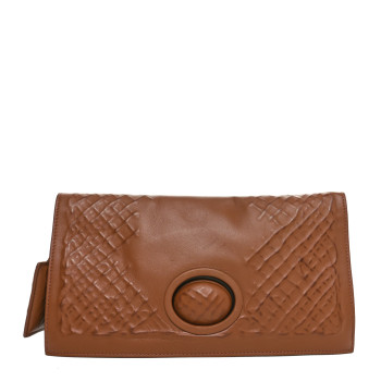 BOTTEGA VENETA Nappa Embossed Intrecciato Turnlock Clutch Brown