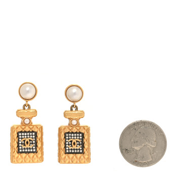 CHANEL Crystal Pearl CC Perfume Bottle Drop Earrings Gold