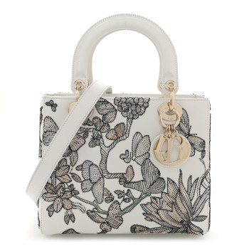 CHRISTIAN DIOR Calfskin Toile de Jouy Beaded Sequin Embroidered Medium Mexico Lady Dior White Multicolor