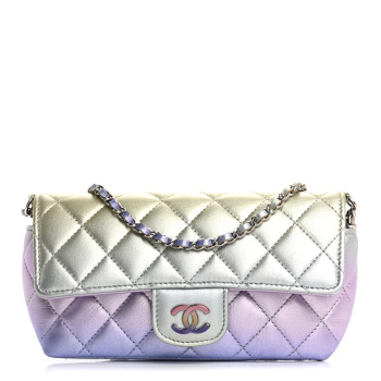 CHANEL Gradient Metallic Calfskin Quilted Glasses Case With Chain Silver Blue Yellow Purple