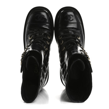 CHANEL Shiny Lambskin Quilted Lace Up Combat Boots 37 Black