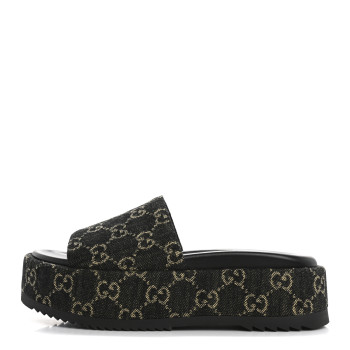 GUCCI Jacquard Black Denim GG Monogram Angelina Platform 55mm Slide Sandals 36 Black Ivory