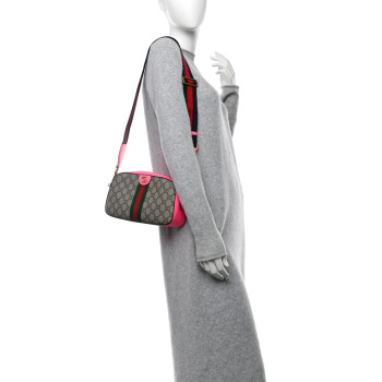 GUCCI GG Supreme Monogram Textured Dollar Calfskin Web Ophidia Small Crossbody Bag Beige Ebony Fuchsia