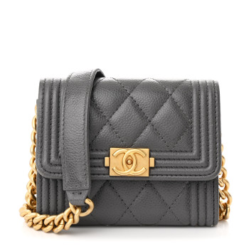 CHANEL Caviar Quilted Boy Card Holder On Chain Grey