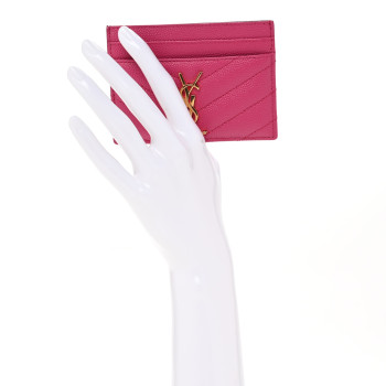 SAINT LAURENT Grain De Poudre Matelasse Chevron Monogram Credit Card Case Indian Pink