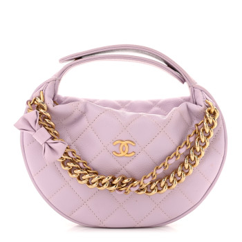 CHANEL Shiny Caviar Quilted Bow Pouch Hobo Light Purple