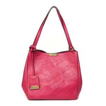BURBERRY Signature Grain Calfskin Check Embossed Small Canterbury Tote Vibrant Fuchsia