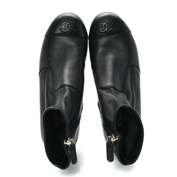 CHANEL Stretch Lambskin Cap Toe CC Short Boots 37 Black
